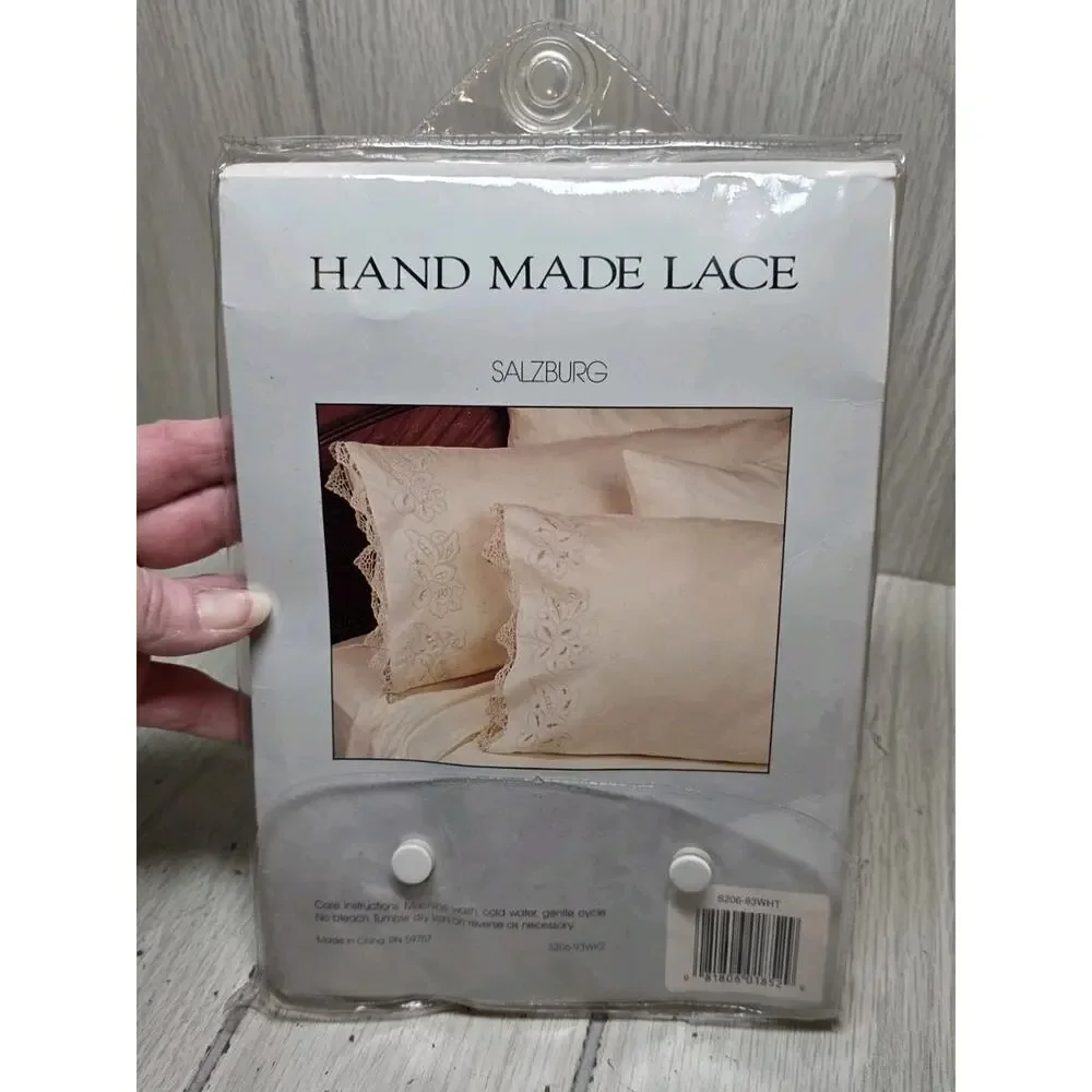 Vtg Cotton Salzburg Hand Made Lace Pillowcase Set 20x30